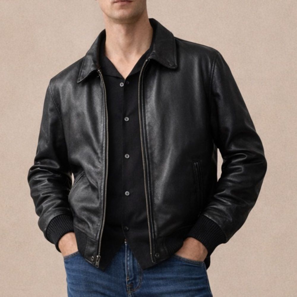 Reed Sportswear Men’s Black Leather Motorcycle Bomber Jacket Size 50